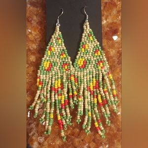 Artisan Boho/Bohemian Seed Beaded Dangle Drop Tassle Earrings Silver French Hook